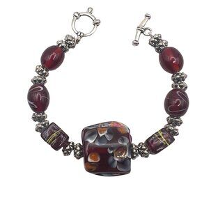 Handcrafted Glass Beads Bracelet Silver-Tone Accents Toggle Clasp Floral  6.25"